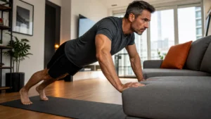 PrimeForMen no-equipment workout featured image showing a man doing an incline push-up at home with controlled bodyweight form