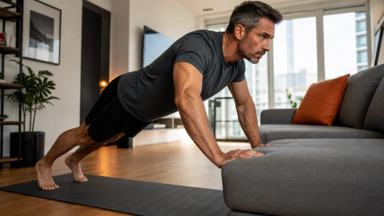 No-Equipment Workout | Build Strength Anywhere 6 PrimeForMen no-equipment workout featured image showing a man doing an incline push-up at home with controlled bodyweight form