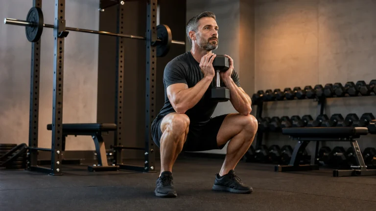 Strength Training Basics | Start Lifting Safely and Build Strength 1 PrimeForMen strength training basics featured image showing a man practicing a controlled goblet squat in a modern gym