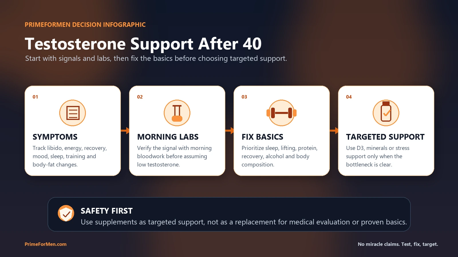 PrimeForMen infographic showing testosterone support after 40: symptoms, morning labs, basics, targeted support, and safety first