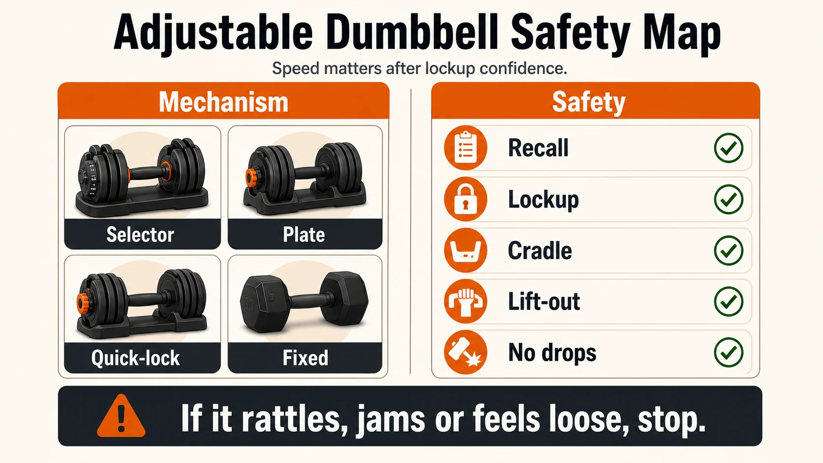 Adjustable Dumbbells for Men | Weight Range, Safety and Home Gym Fit 4 Adjustable dumbbell safety map infographic comparing selector, plate, quick-lock, and fixed dumbbells with recall, lockup, cradle, lift-out, and no-drop checks.