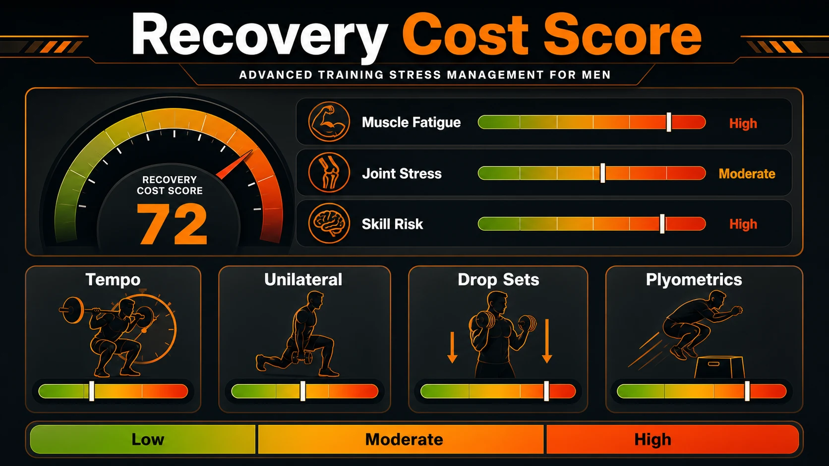 Advanced Fitness Techniques for Men | Progress Smart, Recover Better 3 Recovery Cost Score infographic for advanced training methods