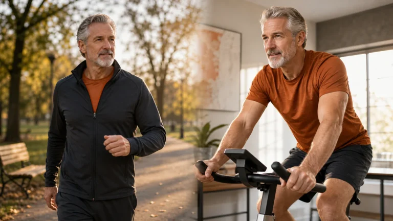 Best Cardio for Men Over 50 | Low-Impact Options Compared 8 Active man over 50 comparing brisk walking and indoor cycling