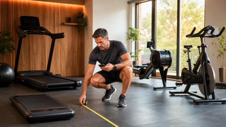 Best Cardio Machine for Home | Treadmill, Rower, Bike or Elliptical? 9 Man measuring space in a home gym while choosing between treadmill rower exercise bike and walking pad