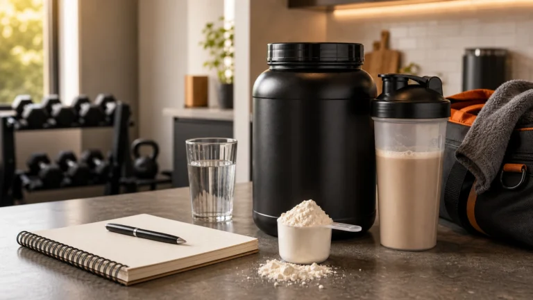 Best Protein Powders for Men | 2026 Performance Guide 2 Best protein powders for men with unbranded protein tub, shaker, scoop and training notebook
