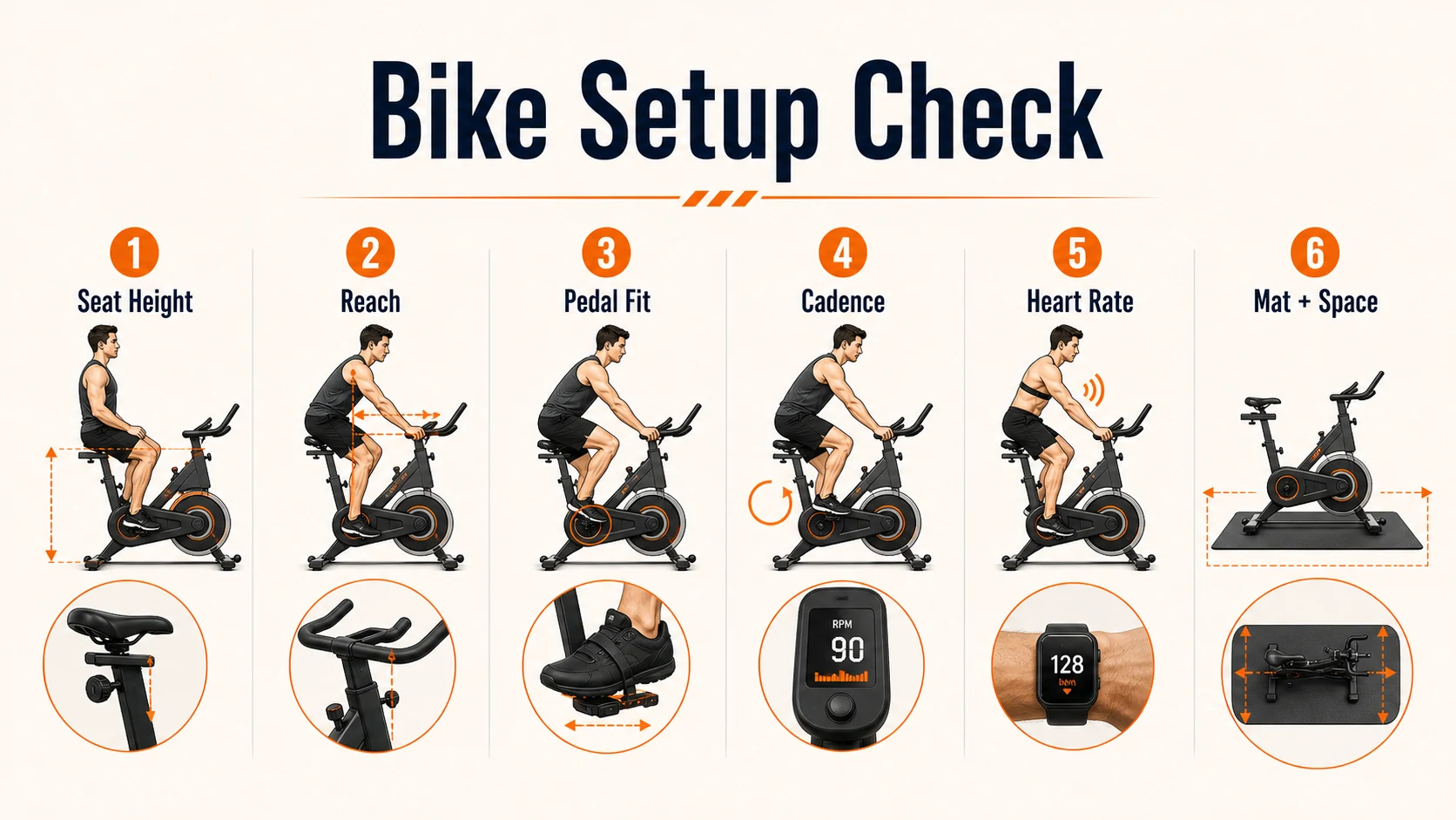 Exercise Bikes for Men | Home Cardio Buying Guide 9 Bike setup check showing seat height, reach, pedal fit, cadence, heart rate and mat space