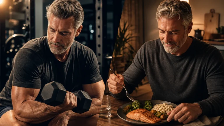 How to Build Muscle After 50 | Training, Protein and Recovery 9 Man over 50 combining strength training with a protein-rich recovery meal