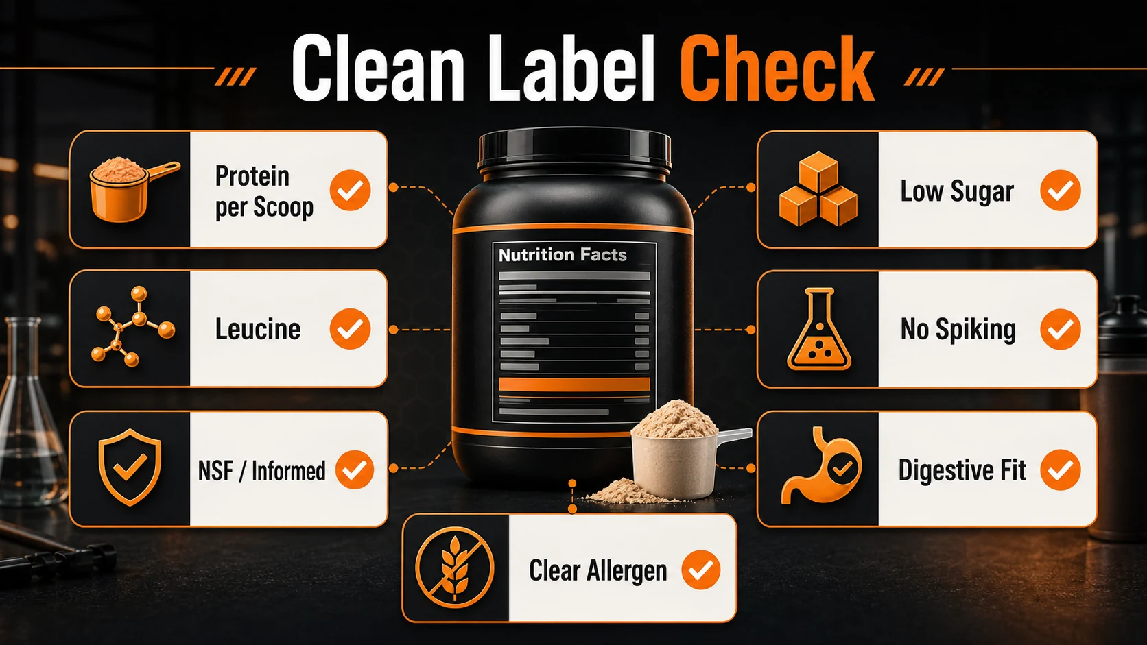 Best Protein Powders for Men | 2026 Performance Guide 8 Clean Label Check infographic for protein per scoop, leucine, NSF or Informed Choice, low sugar, no spiking, digestive fit and clear allergen