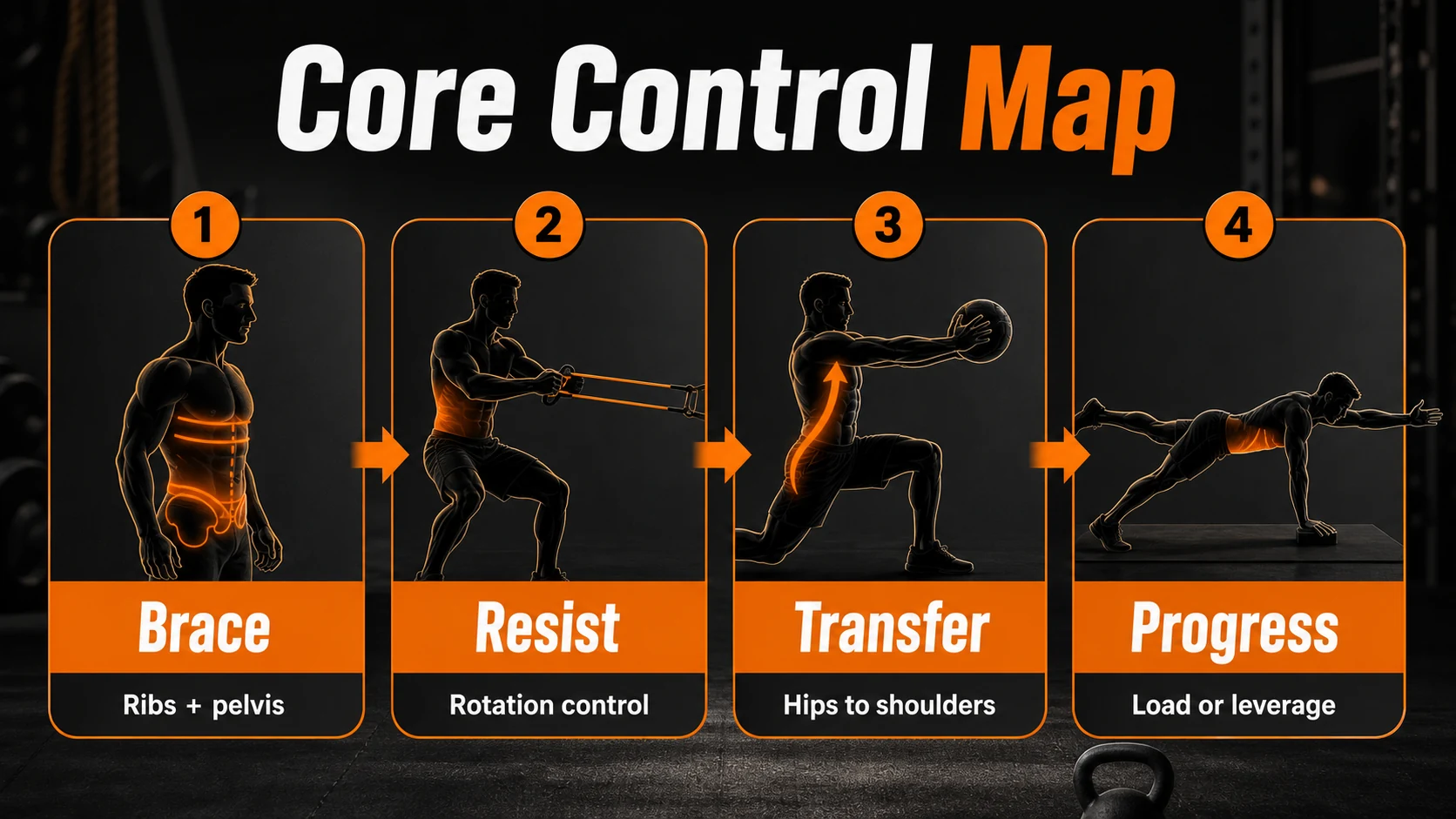 Core Workout for Men | Strength, Stability, and Carryover 2 Core Control Map infographic showing brace, resist, transfer, and progress steps