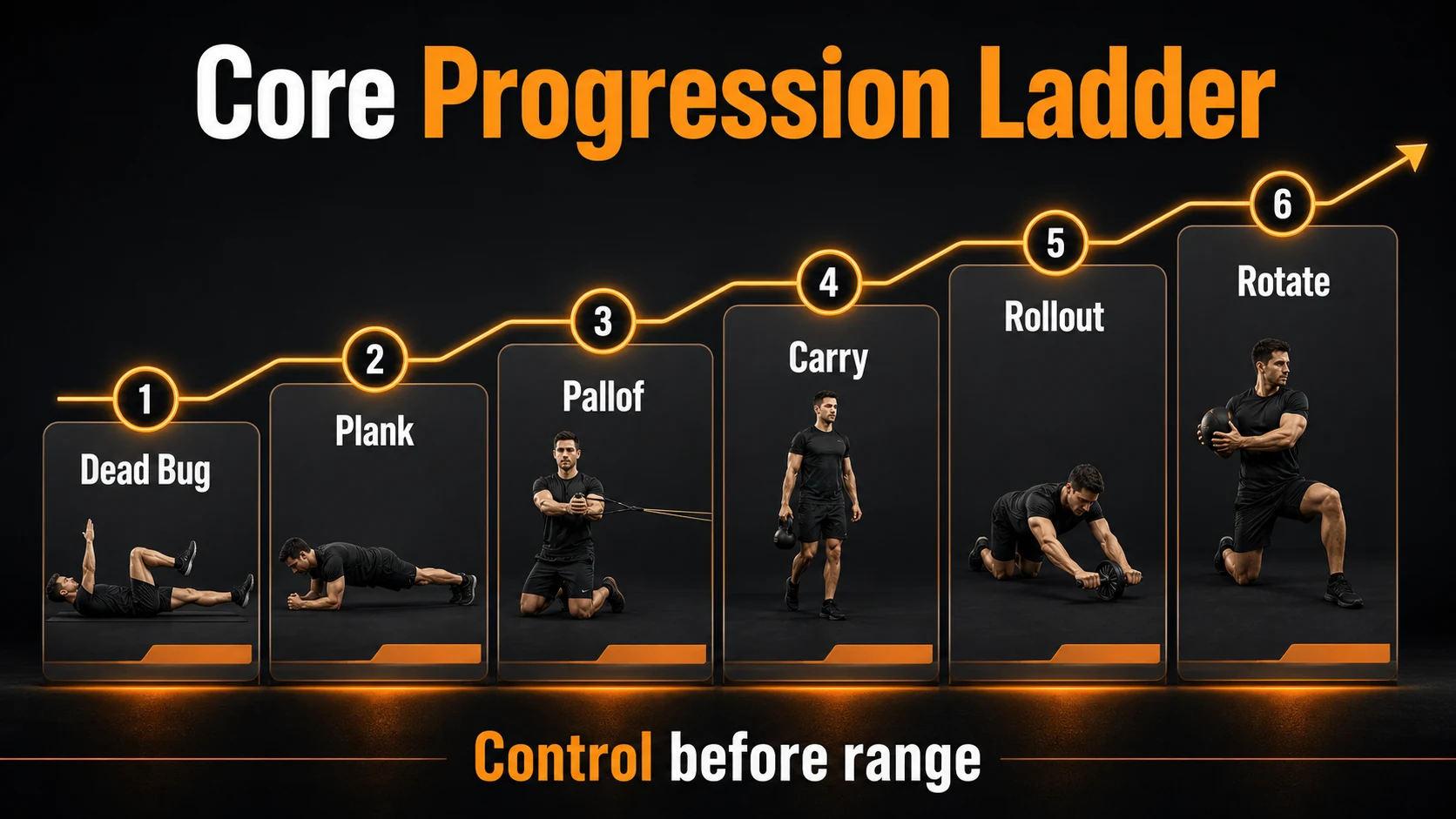 Core Workout for Men | Strength, Stability, and Carryover 3 Core Progression Ladder infographic showing dead bug, plank, Pallof, carry, rollout, and rotate steps