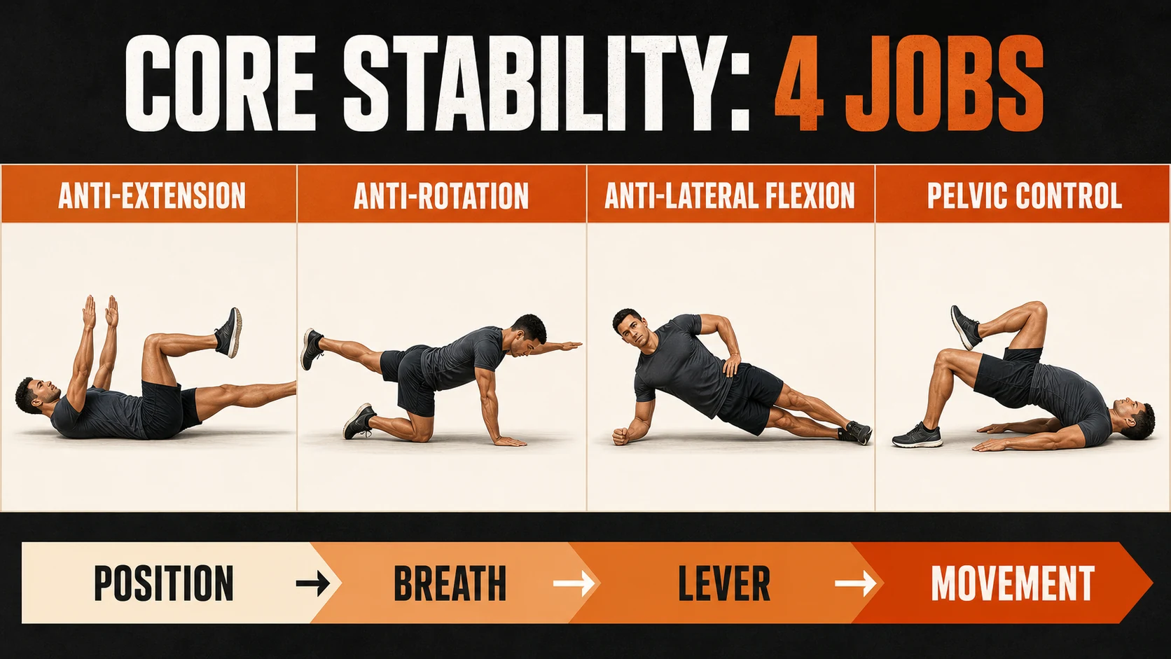 Core Stability Exercises | A 4-Week Bracing and Control Plan 3 Core stability infographic showing anti-extension, anti-rotation, anti-lateral flexion, pelvic control and progression