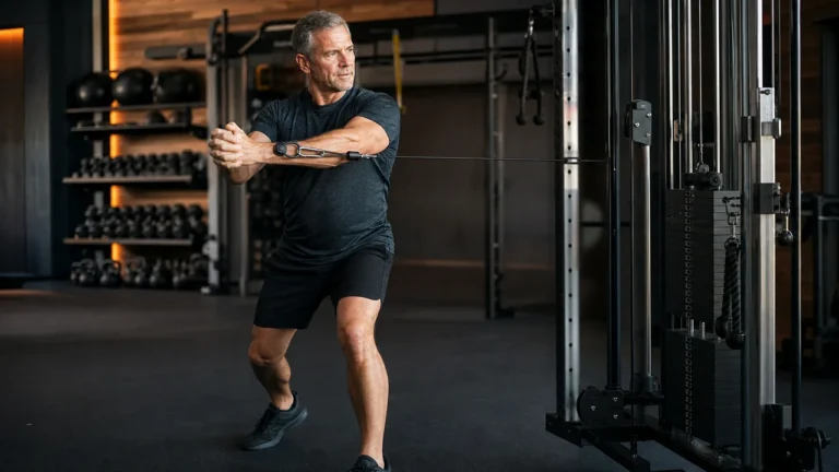 Core Workouts for Men Over 50 | Stability, Strength and Back Safety 4 Man over 50 performing a controlled kettlebell Pallof press for core stability