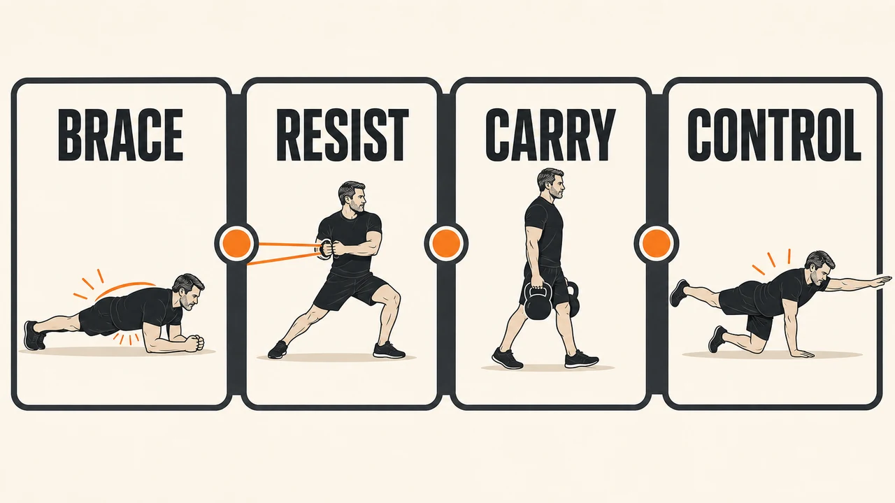 Core Workouts for Men Over 50 | Stability, Strength and Back Safety 3 Core training system for men over 50 showing brace, resist, carry, and control