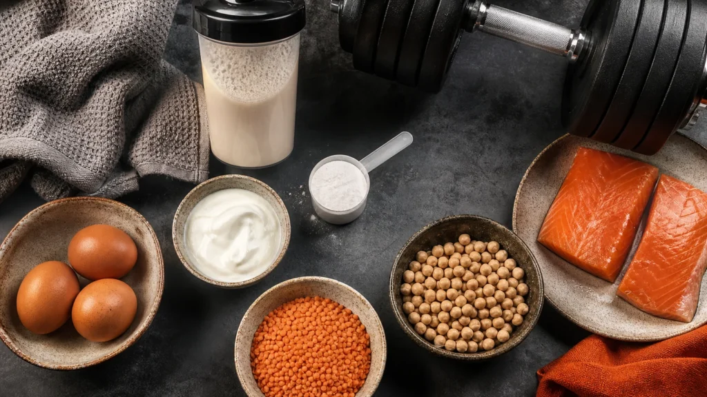 Protein foods, a shake, creatine scoop, and dumbbell for active men over 50