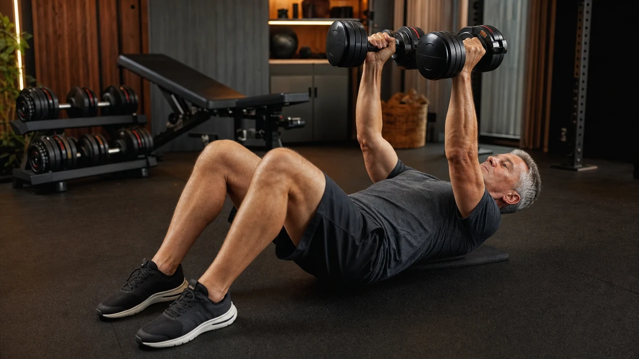 Man over 50 performing a controlled dumbbell floor press