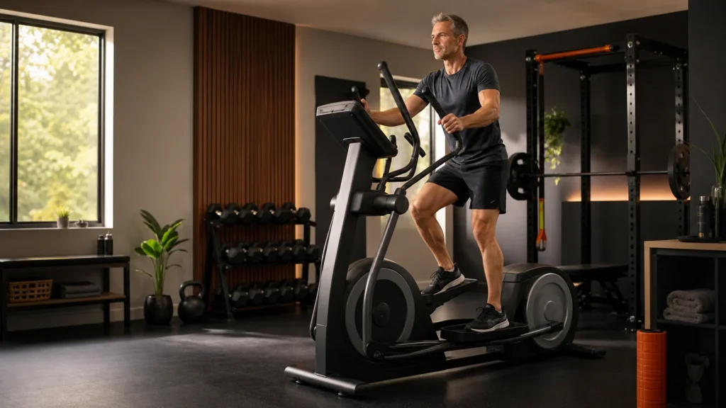 Man using an elliptical trainer in a modern home gym