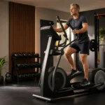 Man using an elliptical trainer in a modern home gym