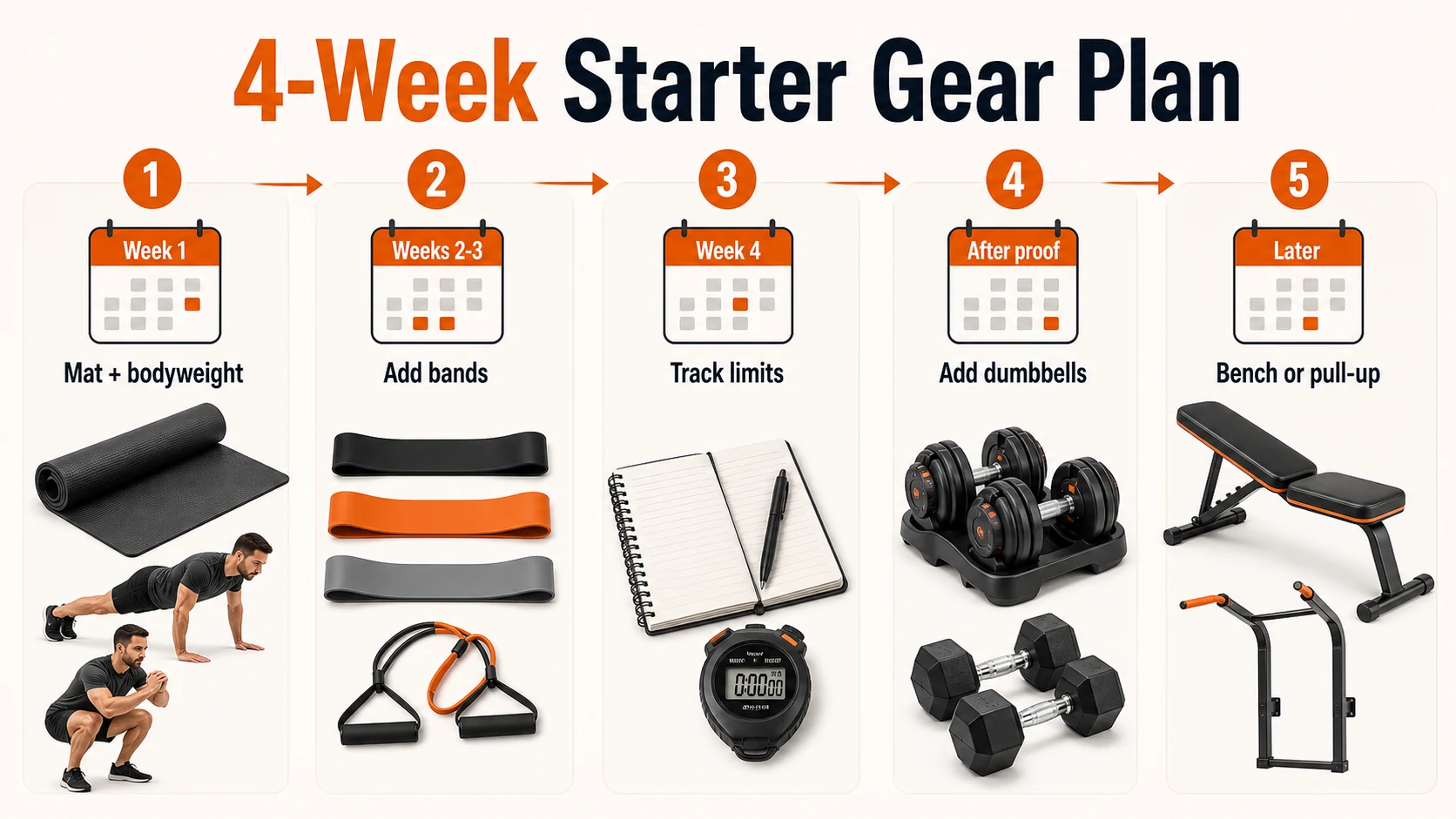 Four-week essential fitness gear plan from mat and bodyweight to bands, tracking limits, dumbbells, and later bench or pull-up upgrade