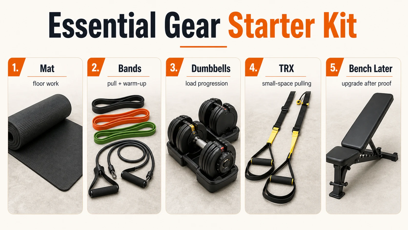 Essential fitness gear starter kit with mat, bands, dumbbells, TRX, and bench later