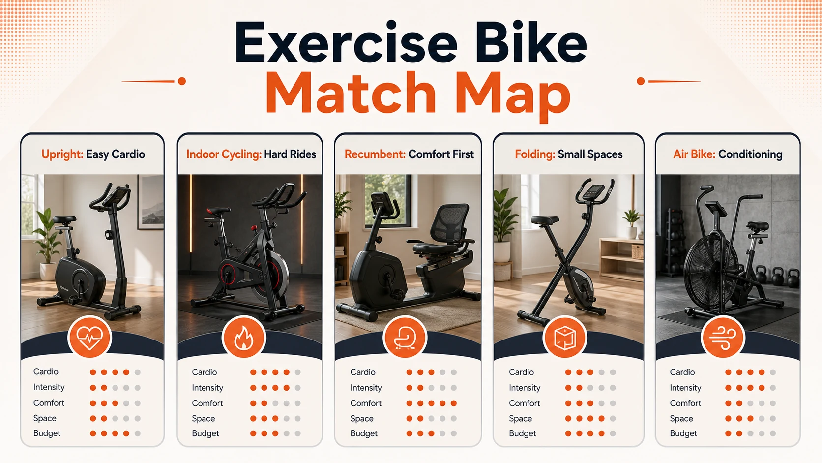 Exercise Bikes for Men | Home Cardio Buying Guide 3 Exercise bike match map comparing upright, indoor cycling, recumbent, folding and air bikes