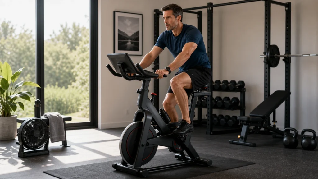 Man using an exercise bike in a modern home gym