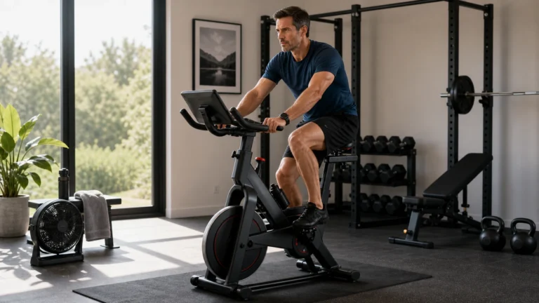 Exercise Bikes for Men | Home Cardio Buying Guide 7 Man using an exercise bike in a modern home gym