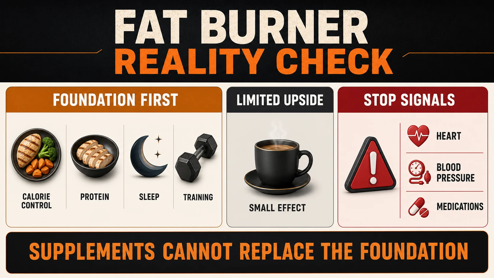 Fat Burners | What Works, What Is Hype, and What to Avoid 3 Fat burner reality check infographic showing foundation habits, limited stimulant upside and medical stop signals
