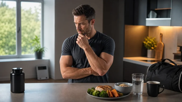 Fat Burners | What Works, What Is Hype, and What to Avoid 6 Fit man weighing a fat burner supplement against a balanced meal before training