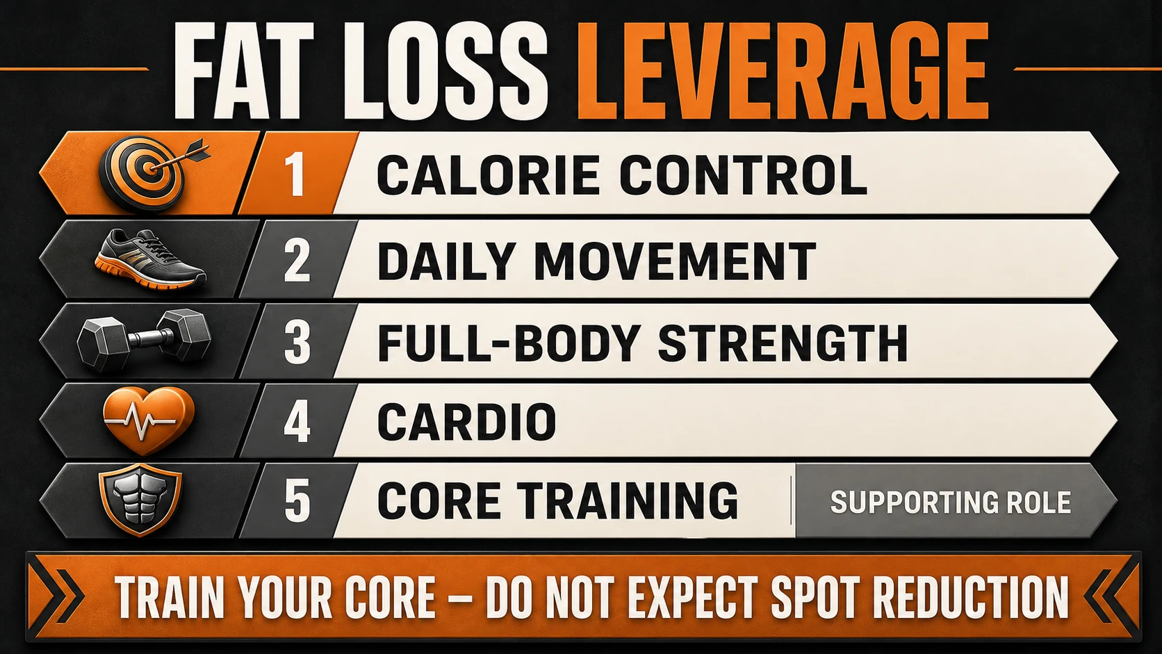 Core Workouts for Weight Loss | What Actually Helps 3 Fat loss leverage infographic ranking calorie control, daily movement, full-body strength, cardio and core training
