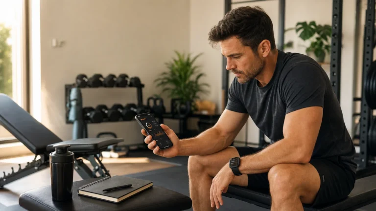 Fitness Apps for Men | The Data-Driven Pillar Guide 1 Fitness apps pillar hero for men with smartphone training metrics in a home gym