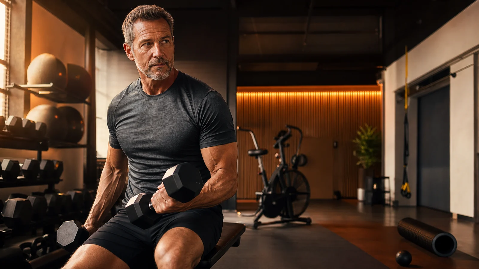 Fitness for Men Over 50 | Strength, Cardio & Mobility 1 Active man over 50 training with dumbbells in a modern gym