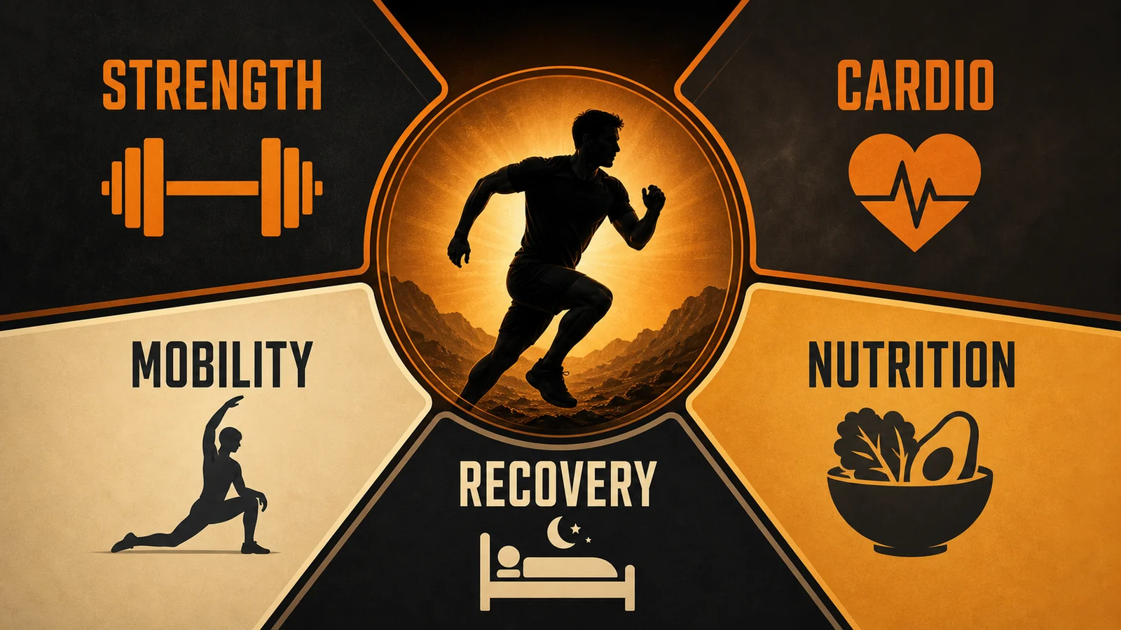 Fitness for Men Over 50 | Strength, Cardio & Mobility 6 Five-part fitness system for men over 50 showing strength, cardio, mobility, nutrition, and recovery