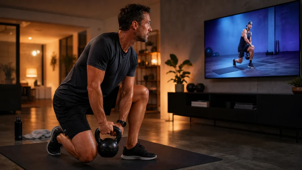 Man following a streamed kettlebell workout on a television in a modern home gym