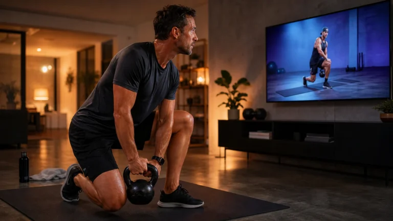 Fitness Streaming Platforms | How to Choose One You Will Actually Use 4 Man following a streamed kettlebell workout on a television in a modern home gym