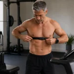 Man adjusting a chest strap heart rate monitor before a cardio workout