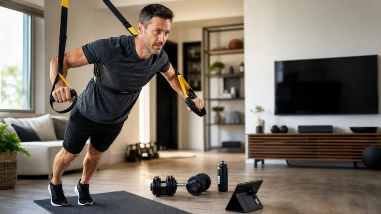 Featured image for HIIT at Home article showing a man training in a modern home gym.