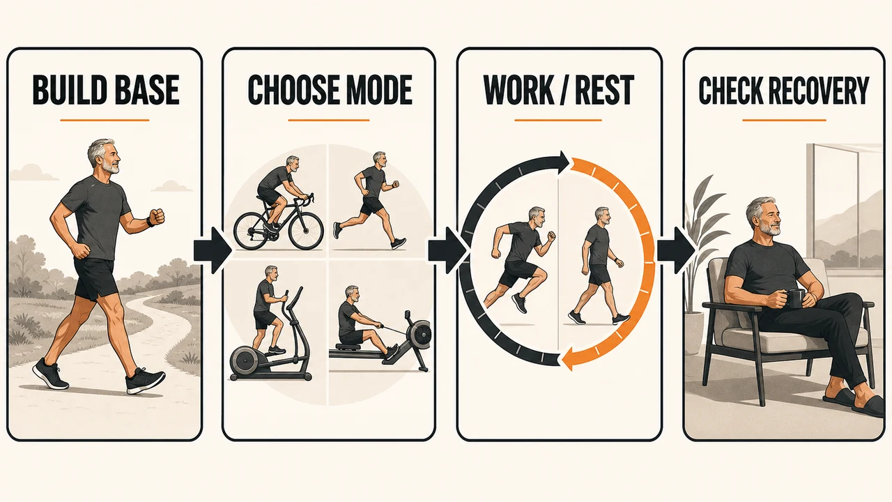 HIIT Workouts for Men Over 50 | Safe Intervals That Protect Recovery 3 HIIT dose map for men over 50 showing base, mode, intervals, and recovery