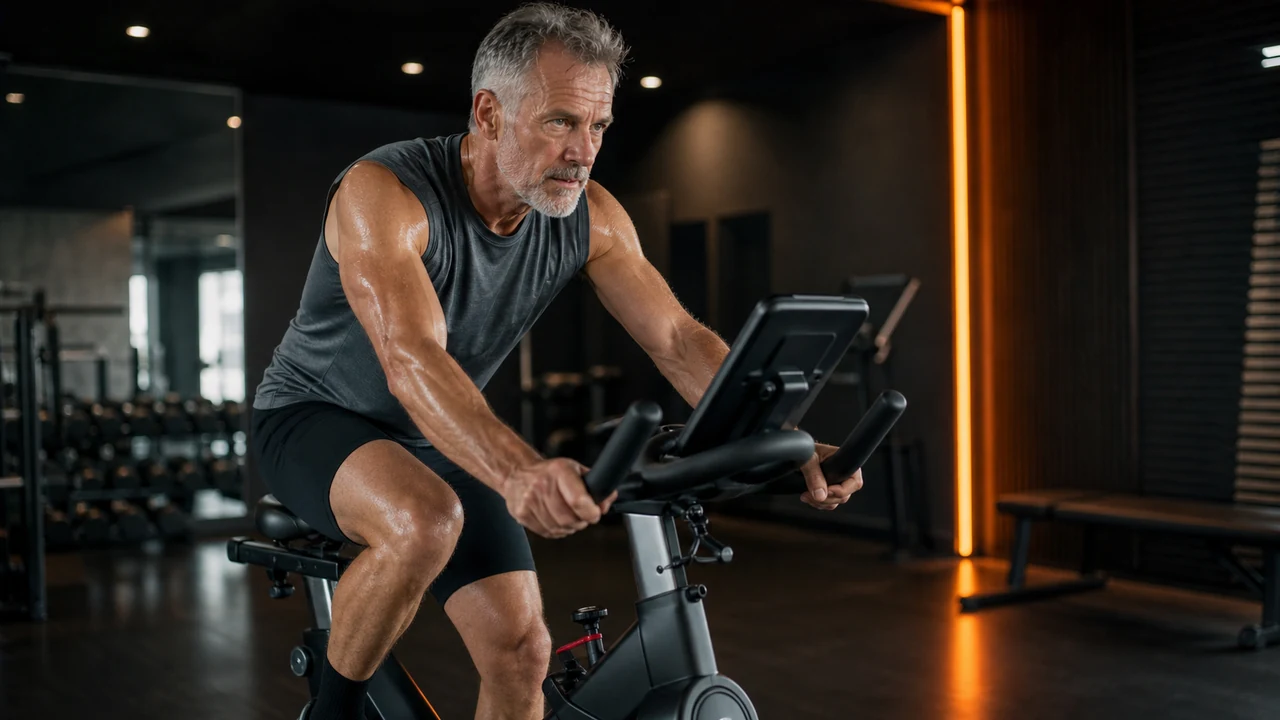 Man over 50 completing a controlled stationary bike interval
