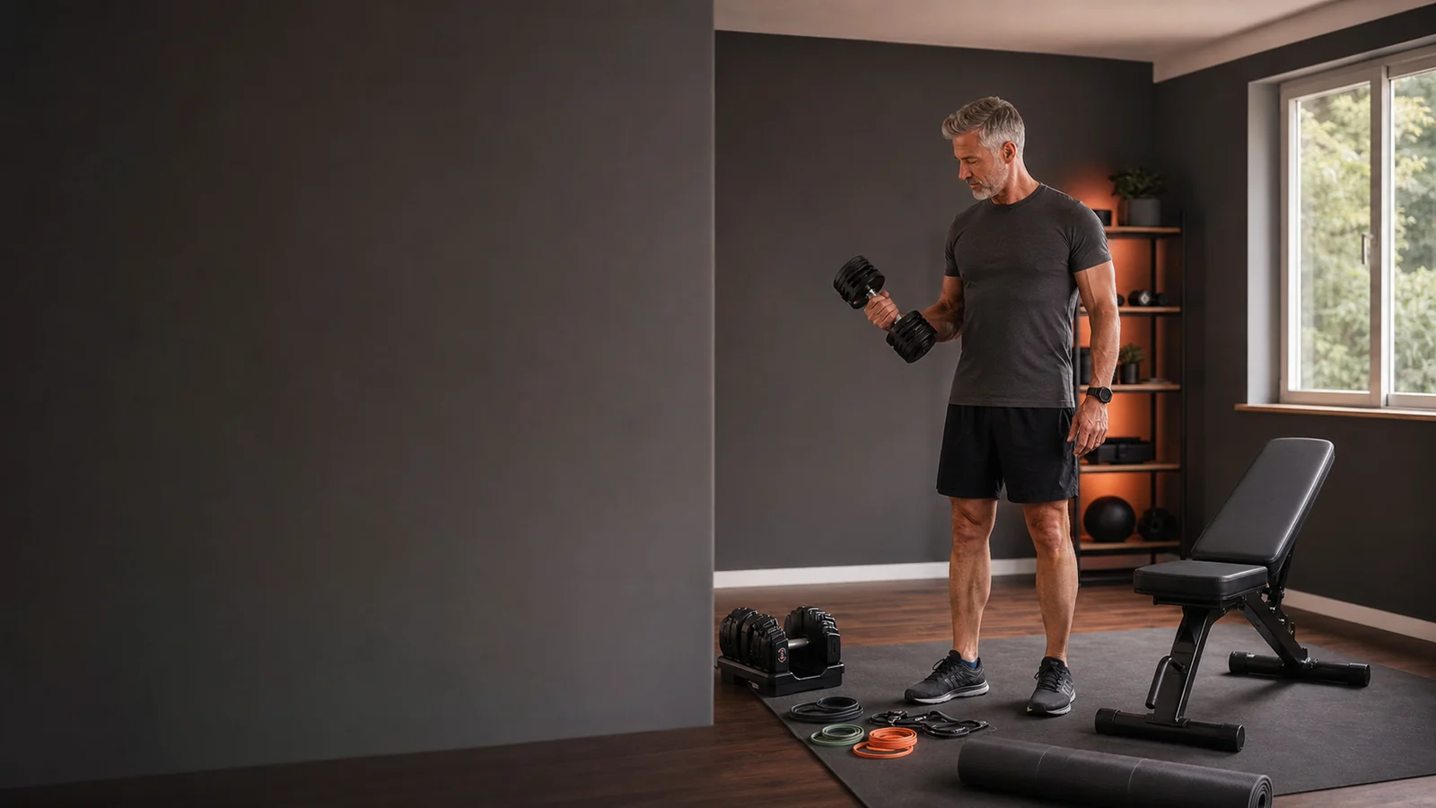 Home Gym Equipment Finder | Build the Right Setup 2 Active man over 50 choosing essential equipment in a compact home gym