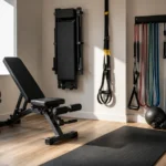 Small-space home gym equipment setup with adjustable dumbbells, foldable bench, resistance bands, suspension trainer, mat, and storage