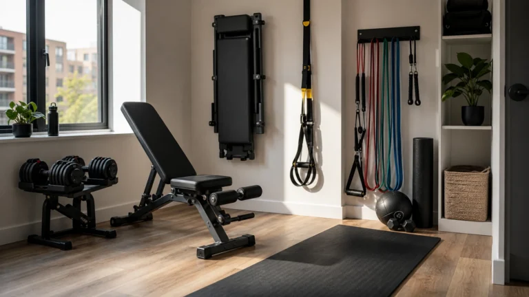 Home Gym Equipment for Small Spaces | What to Buy First and Skip 4 Small-space home gym equipment setup with adjustable dumbbells, foldable bench, resistance bands, suspension trainer, mat, and storage