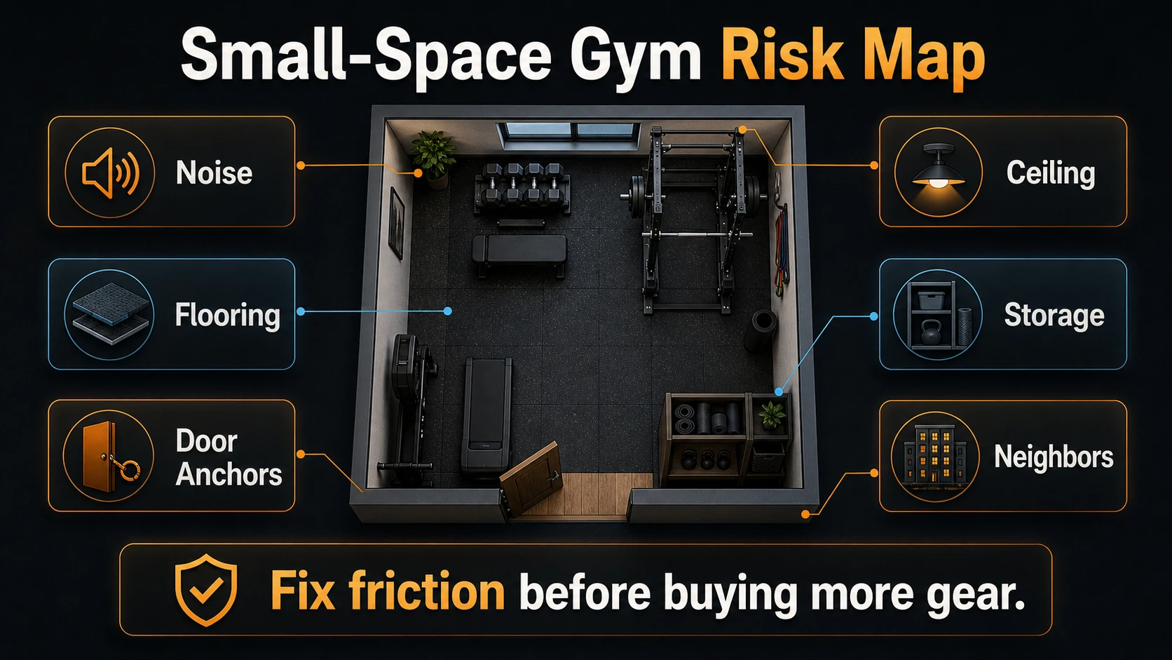 Home Gym Equipment for Small Spaces | What to Buy First and Skip 9 Small-space gym risk map infographic showing noise, flooring, anchors, ceiling, storage, and neighbors