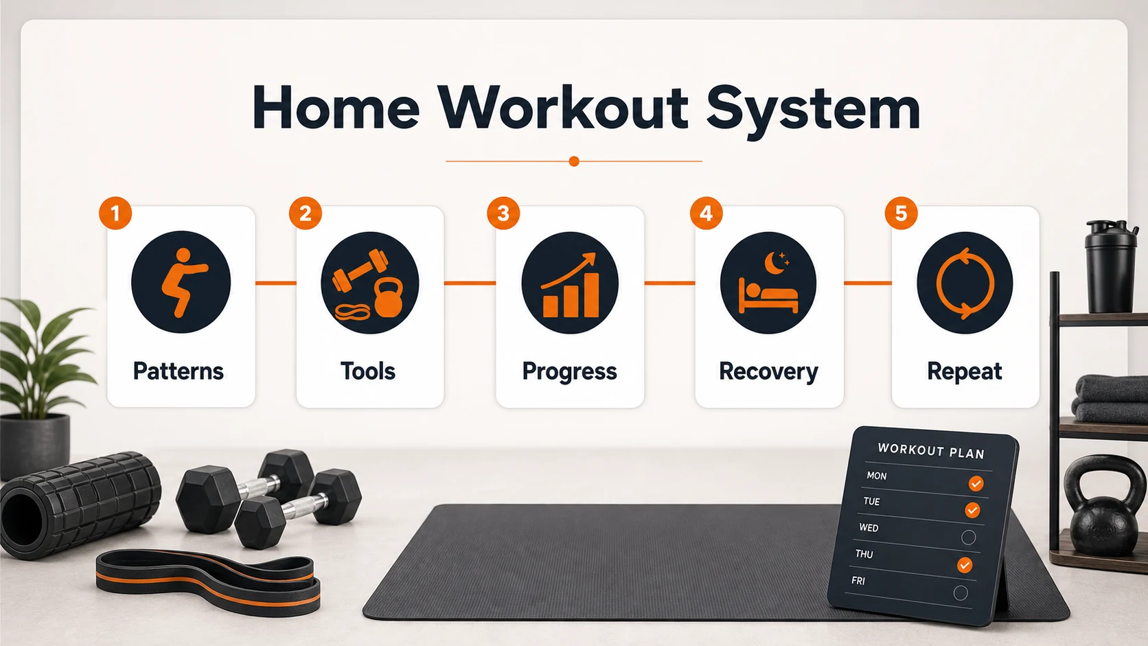 Home Workout System infographic showing patterns, tools, progress, recovery, and repeat steps