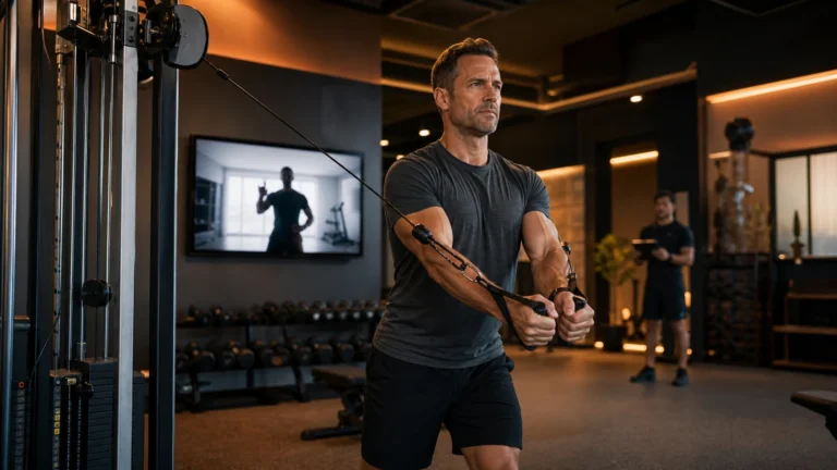 Hybrid Gyms | What Improves Results and What Is Just Tech Noise 5 Man training at a cable machine in a hybrid gym with digital coaching screens