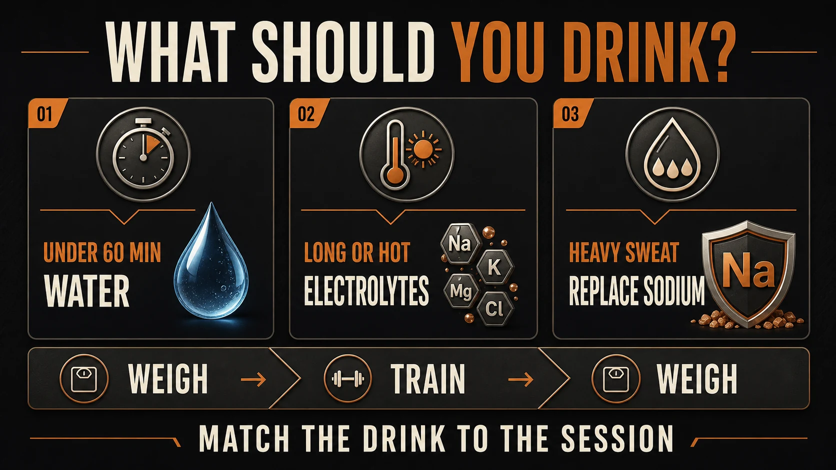 Hydration Supplements | Electrolytes, Sweat, and What Men Actually Need 3 Hydration decision infographic showing when water, electrolytes or sodium replacement may fit a training session