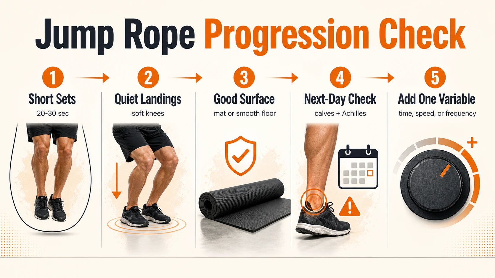 Jump rope progression check with short sets, quiet landings, surface, next-day check, and one-variable progression