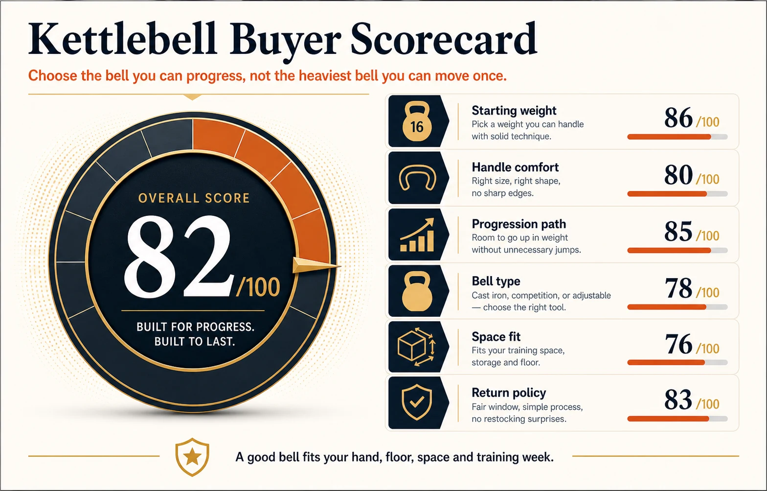 Kettlebells for Men | What to Buy, Start Weight and Training Plan 3 Kettlebell buyer scorecard infographic comparing starting weight, handle comfort, progression path, bell type, space fit, and return policy