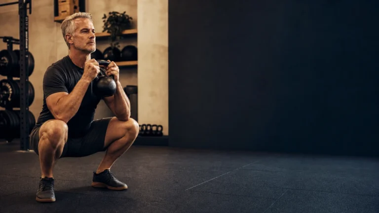 Kettlebell Workout for Men Over 50 | Strength and Conditioning Plan 4 Man over 50 performing a controlled kettlebell goblet squat