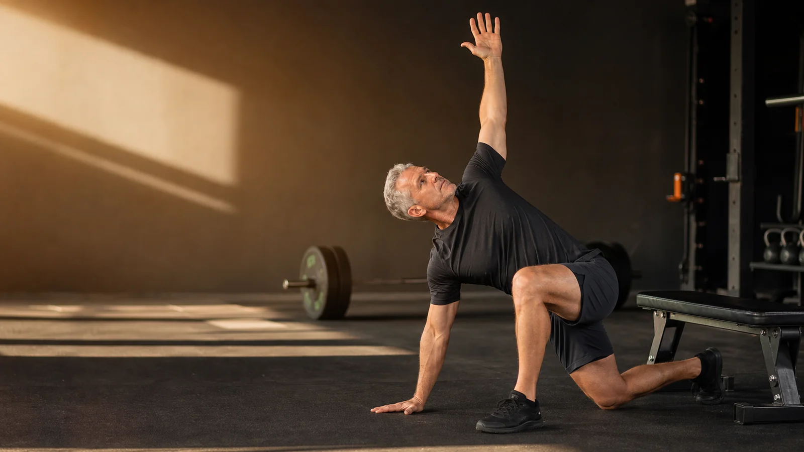 Warm Up Routine for Men Over 50 | Mobility Builder 1 Active man over 50 performing a controlled pre-workout mobility drill