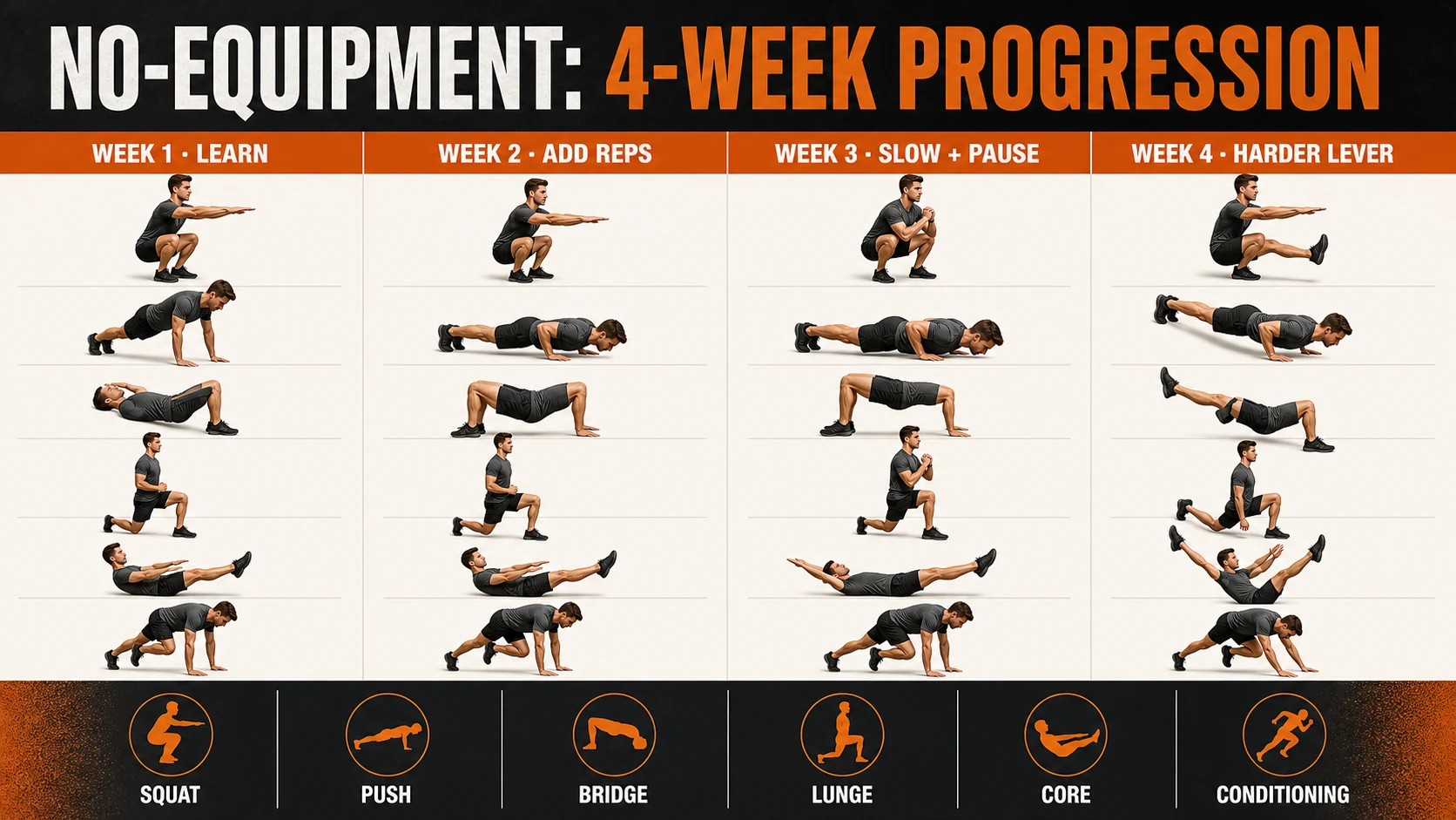 No-Equipment Workout | A 4-Week Full-Body Plan for Men 3 No-equipment four-week progression infographic showing learn, add reps, slow and pause, and harder leverage